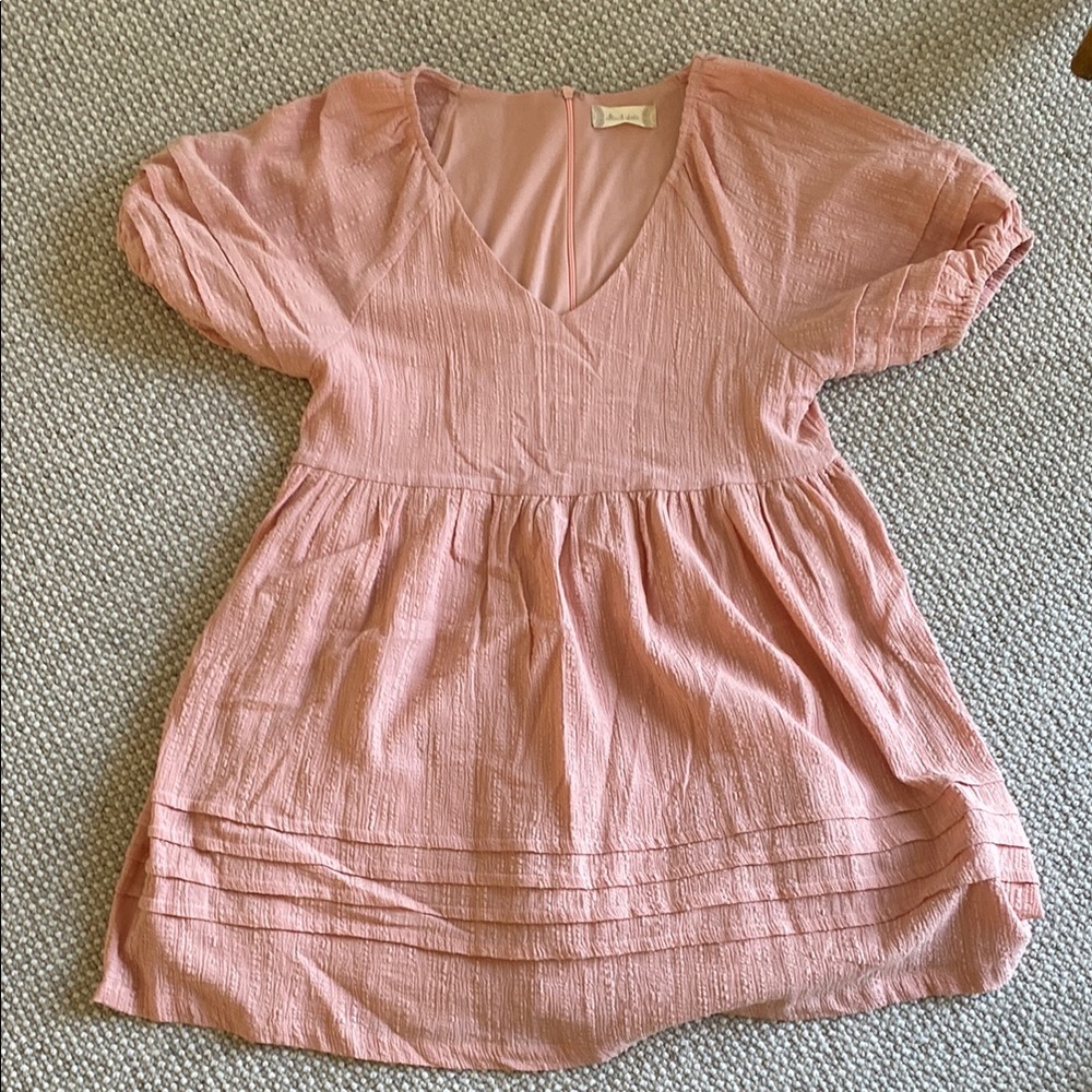 Pink Textured V-Neck Baby Doll Dress